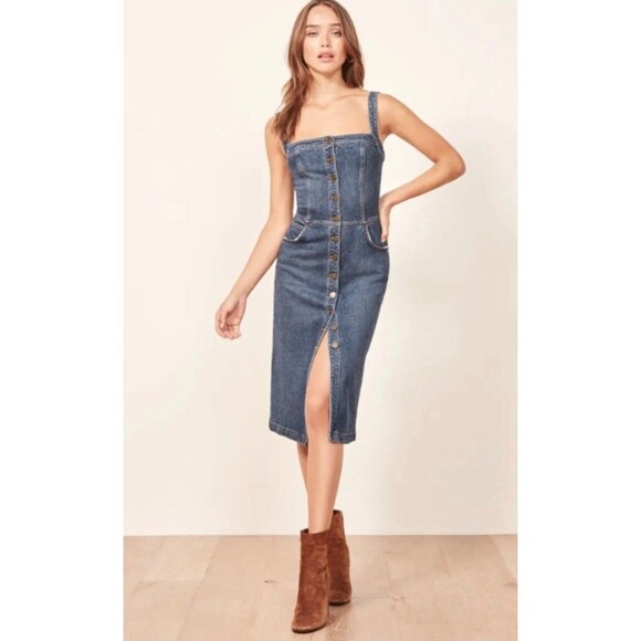 Reformation Camille Size 0 Blue Distressed Denim Button Front Midi Dress - Picture 3 of 15